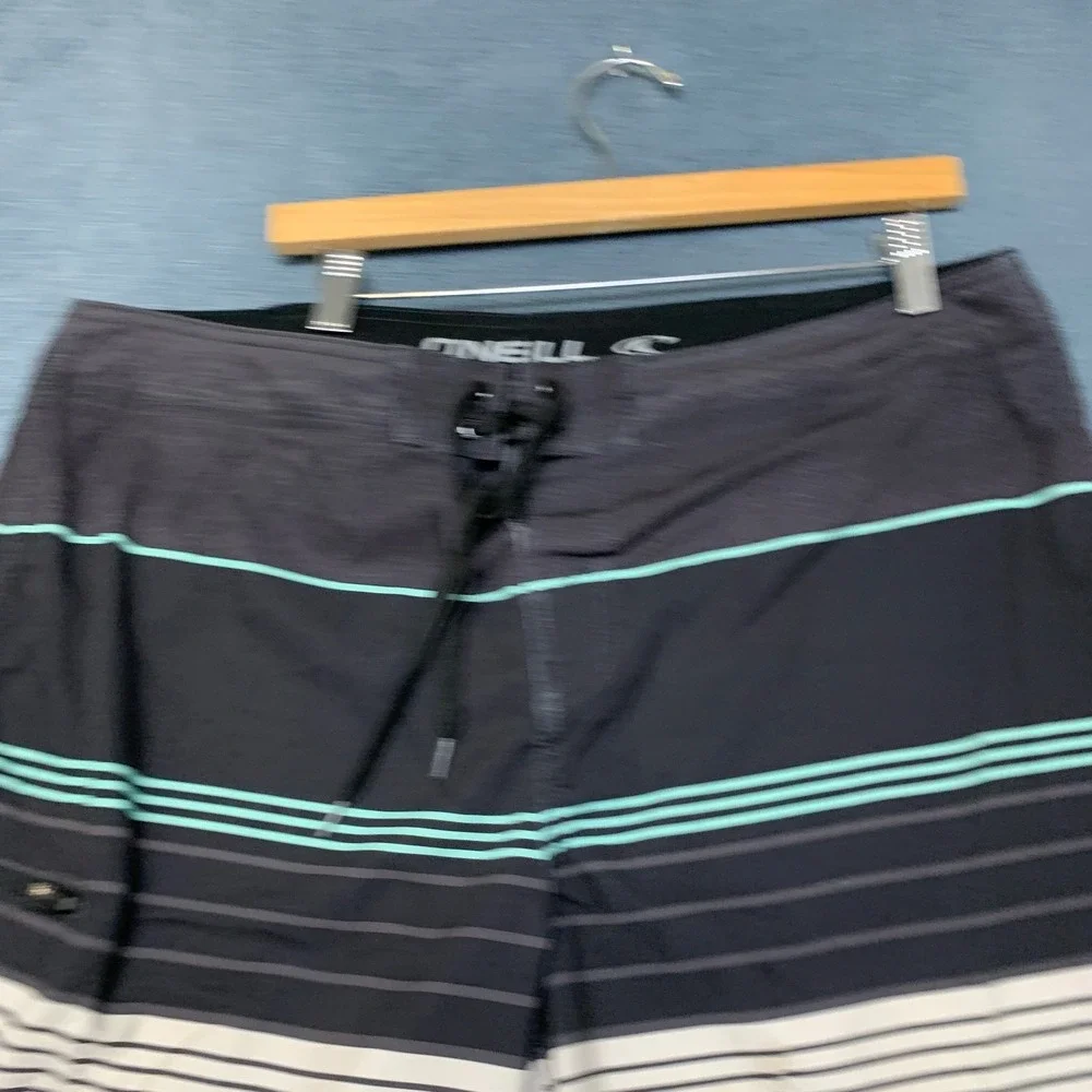 O'Neill Board Shorts Mens 38 Multicolor Logo Straight Leg Striped Summer Beach